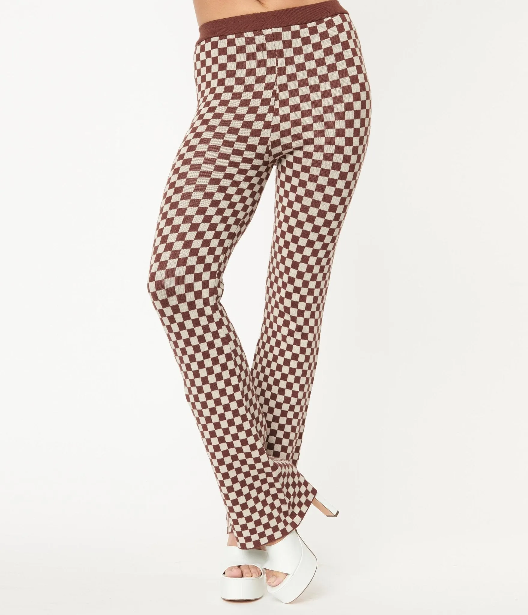 1970s Brown Check Sweater Flare Pants