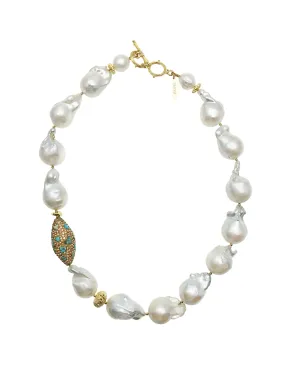 Baroque Pearls With Rhinestone Bordered Turquoise Short Necklace CN025