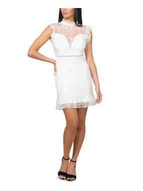 BEBE Womens White Lace Zippered Lined Flutter Sleeve Mock Neck Short Party Sheath Dress