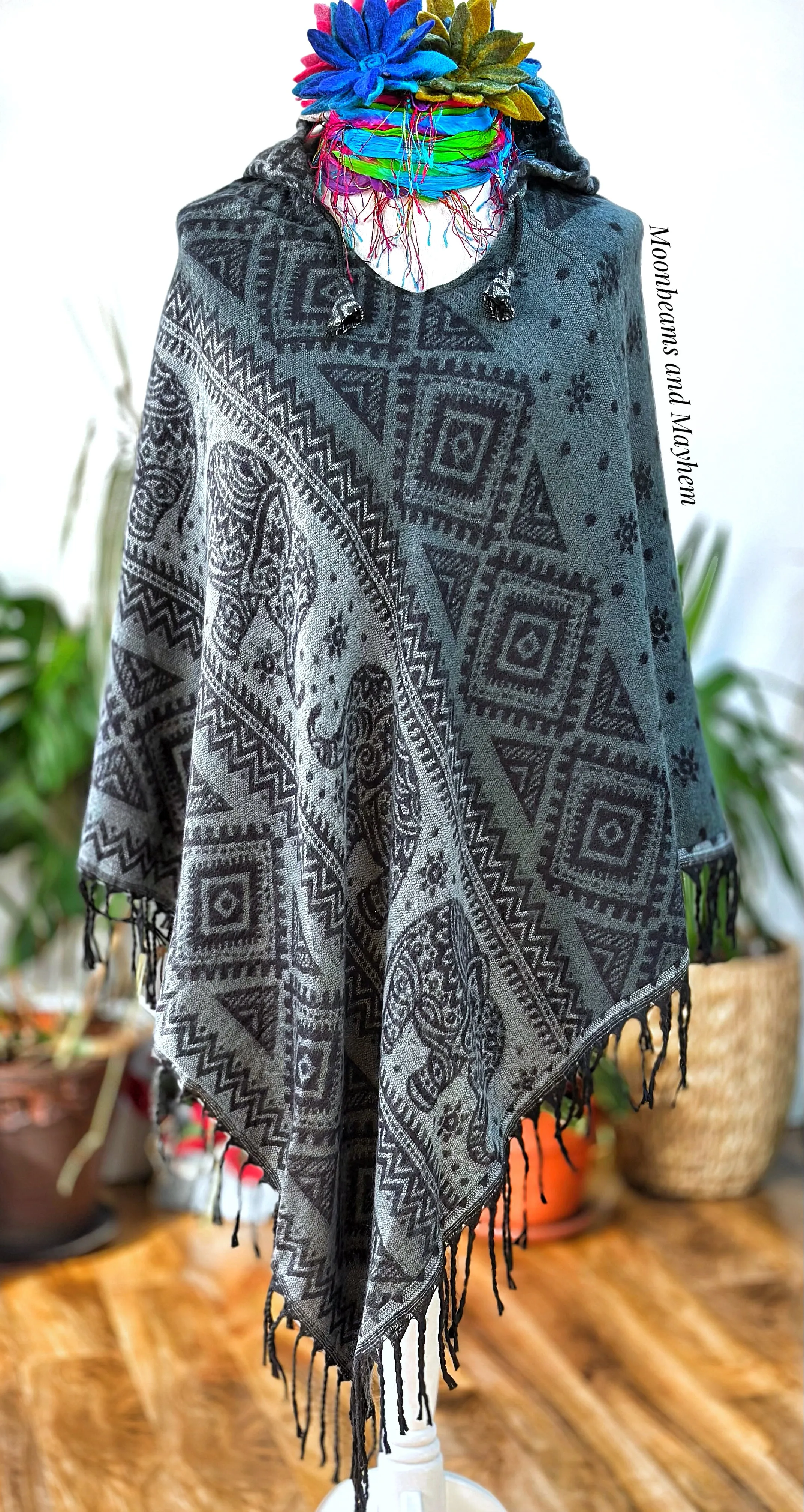 BLACK / GREY INDIAN ELEPHANT HOODED PONCHO