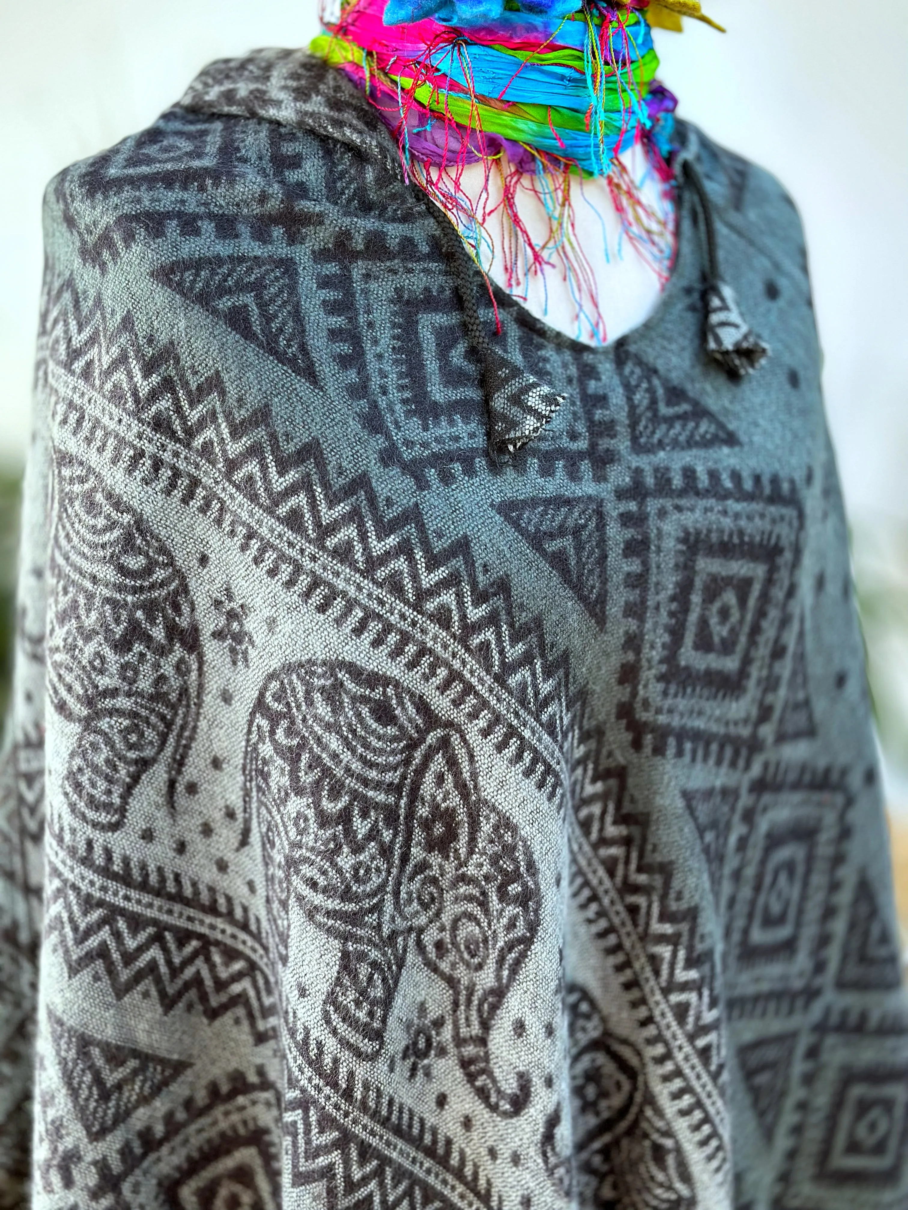 BLACK / GREY INDIAN ELEPHANT HOODED PONCHO