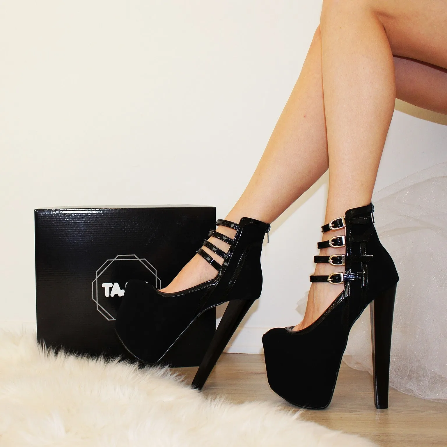 Black Faux Suede Belted Platform Heel Boots