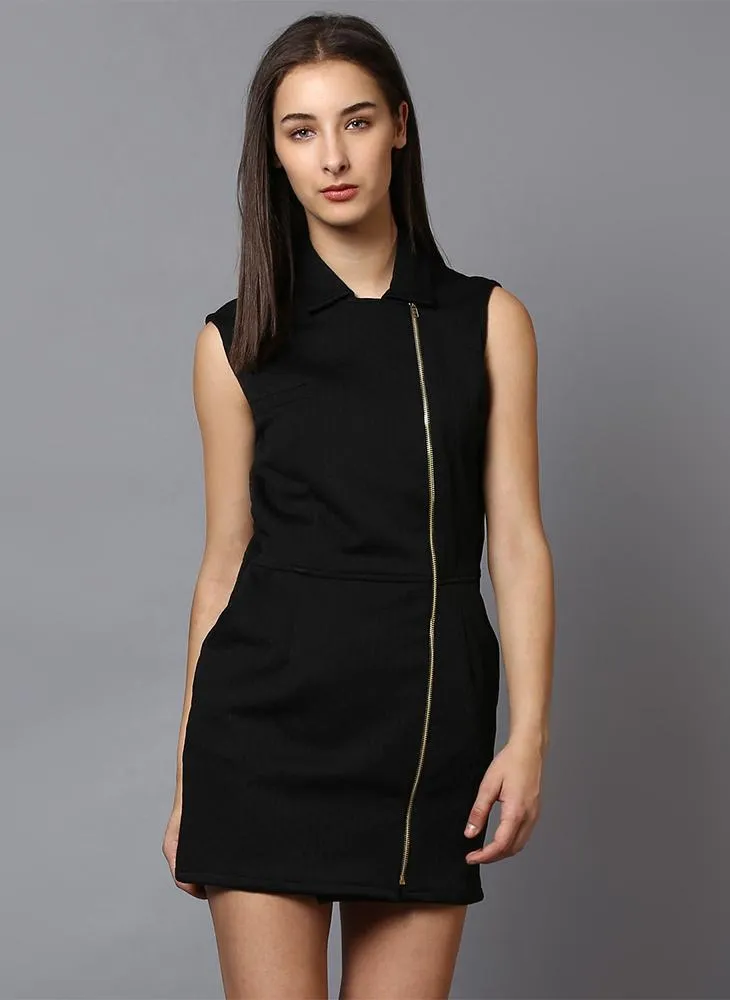 Black Textured Jacket Dress with Front Zipper