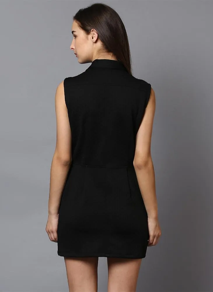 Black Textured Jacket Dress with Front Zipper