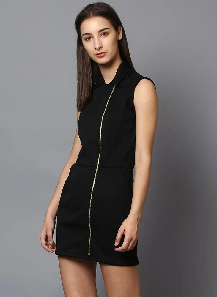 Black Textured Jacket Dress with Front Zipper