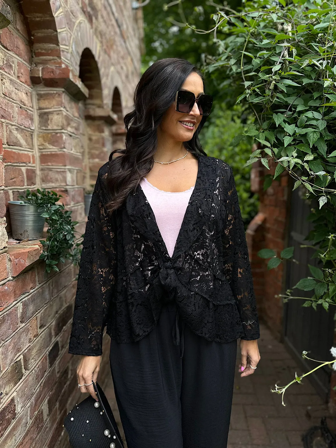 Black Waterfall Tie Front Lace Jacket