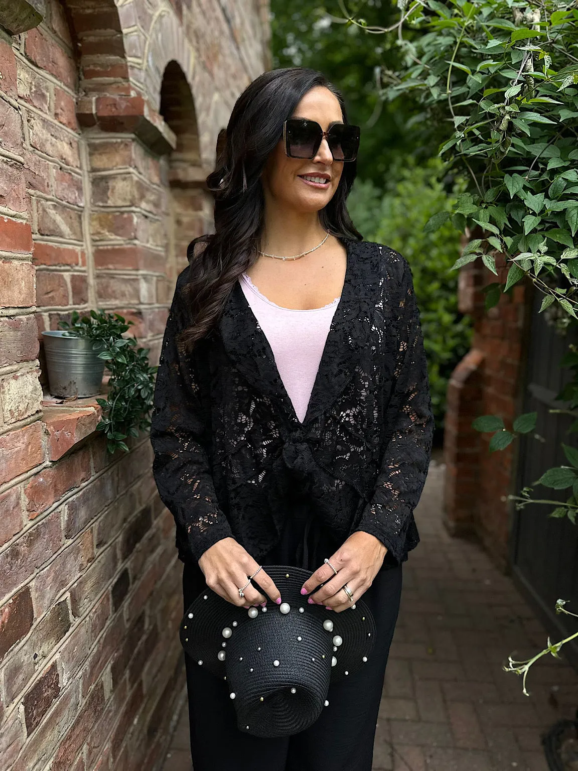 Black Waterfall Tie Front Lace Jacket