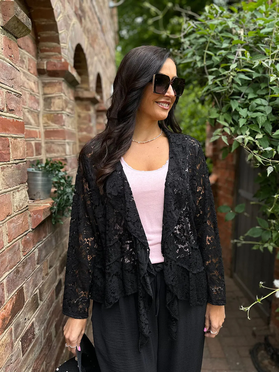 Black Waterfall Tie Front Lace Jacket