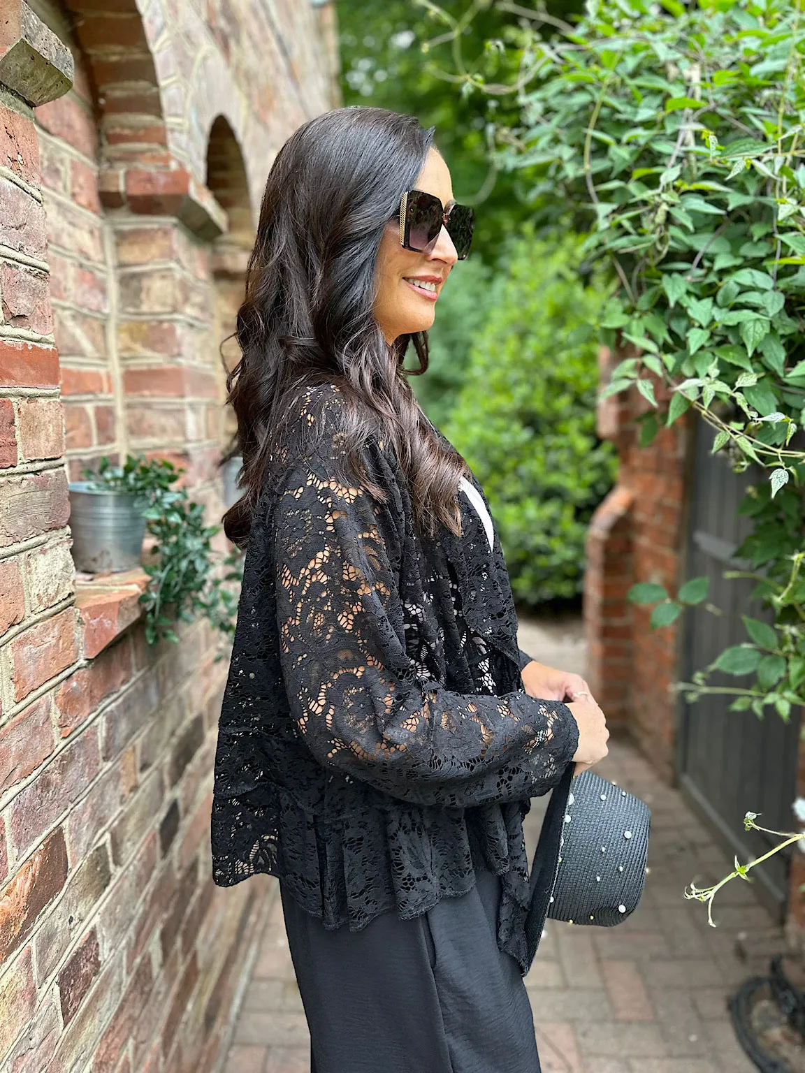 Black Waterfall Tie Front Lace Jacket