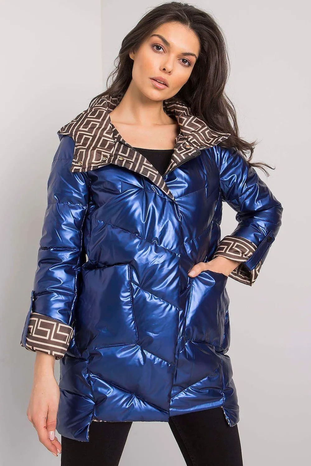 Blue Quilted Warm Jacket Zip-Up Hood