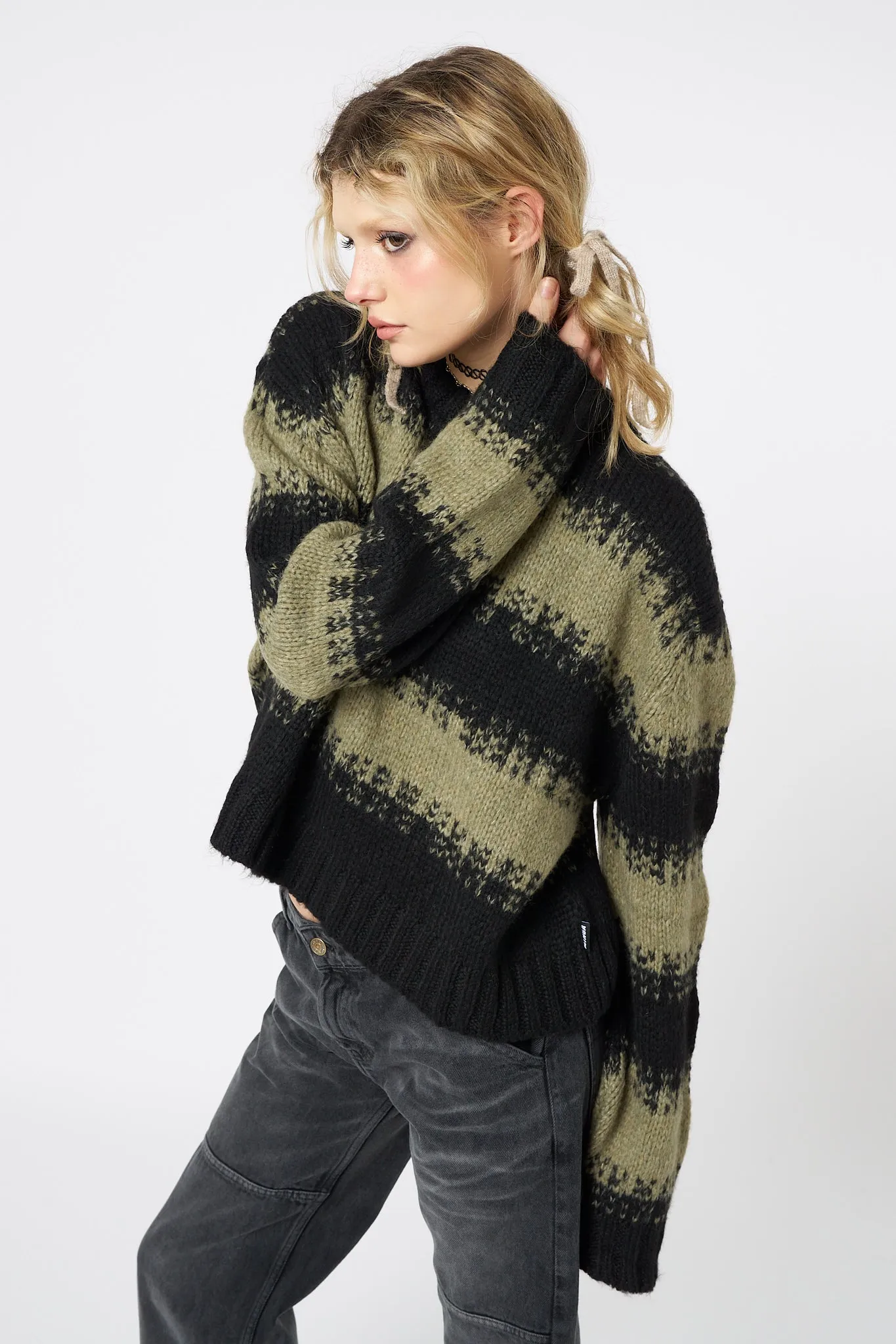 Clara Green Cropped Striped Knit Sweater