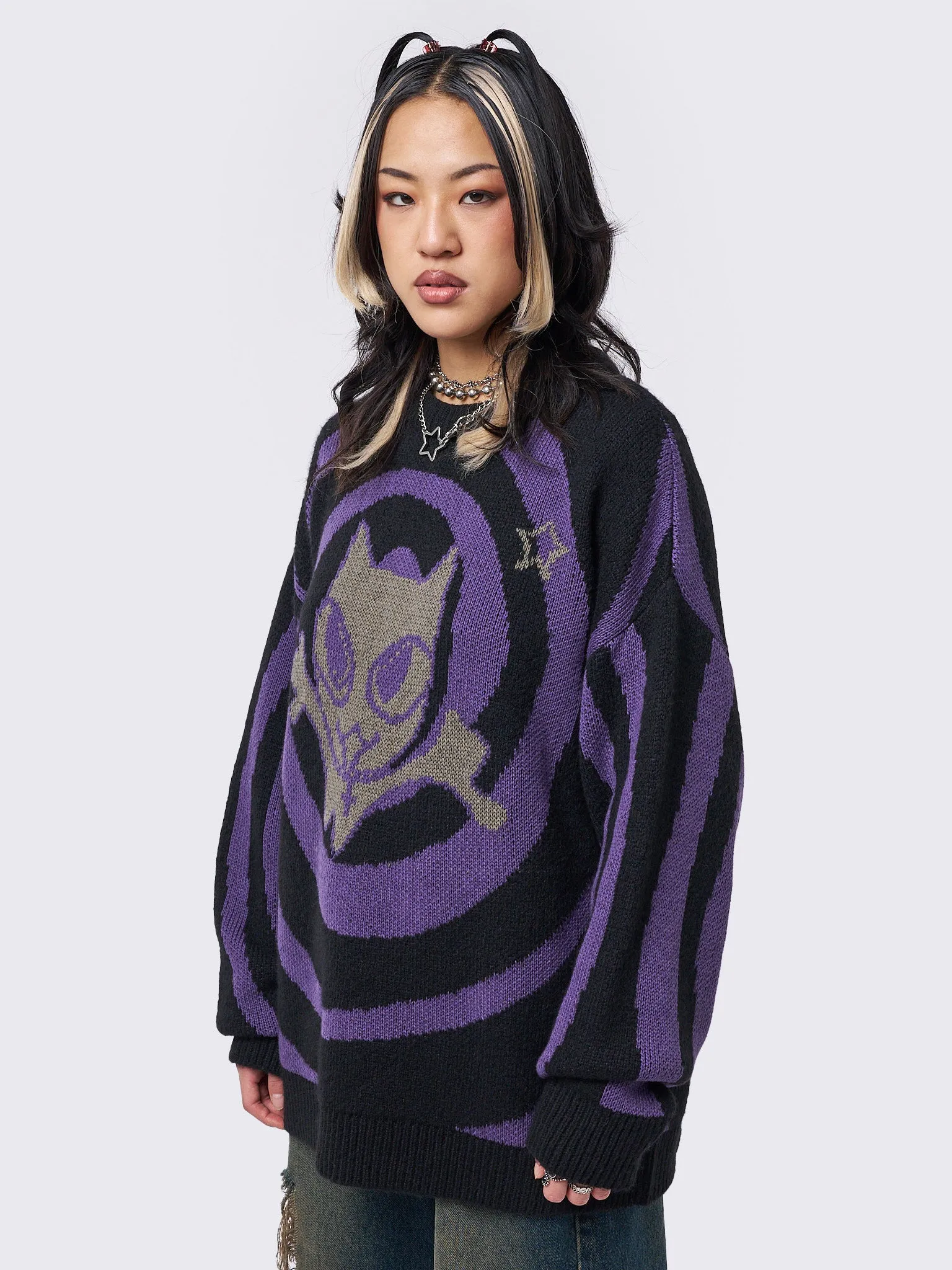 Cyber Kitty Swirl Graphic Knit Sweater