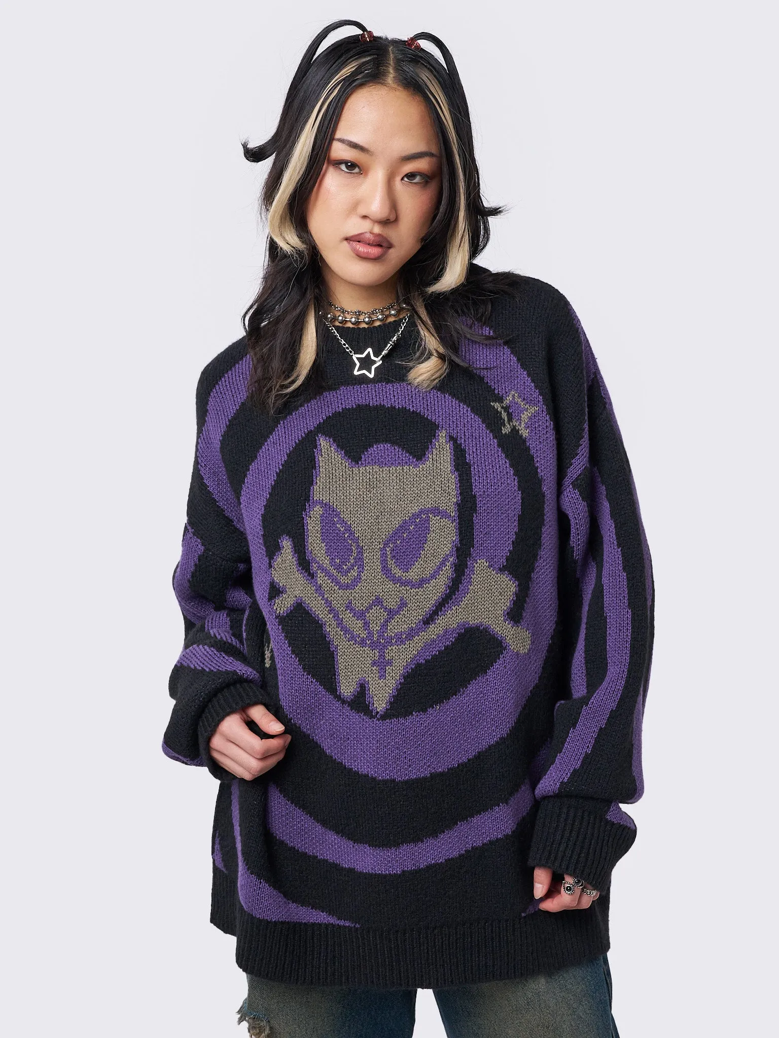 Cyber Kitty Swirl Graphic Knit Sweater