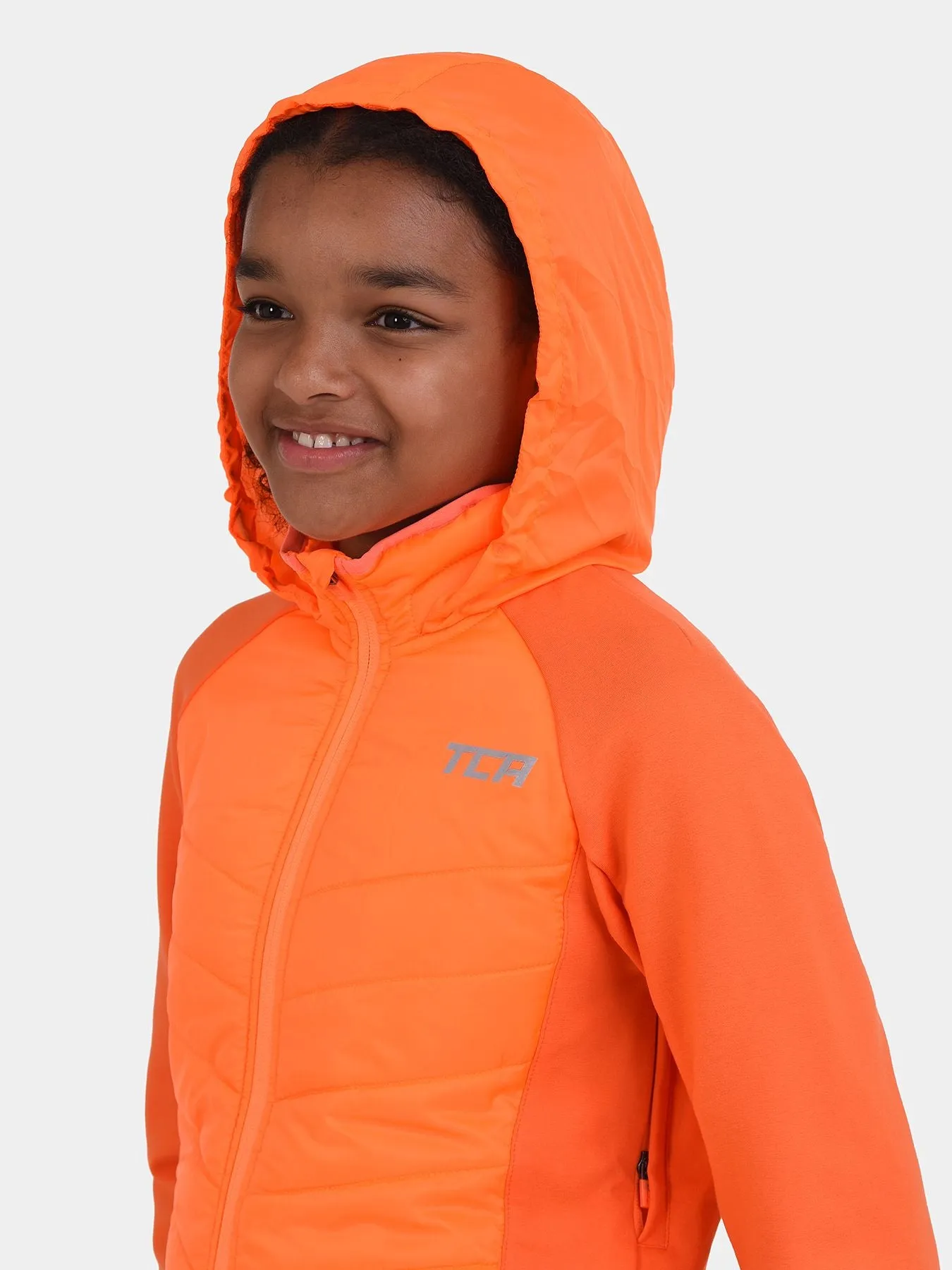 Excel Running Padded Packable Hooded Jacket For Girls With Thumbholes, Underarm Ventilation Zips, Zip Pockets & Reflective Strip