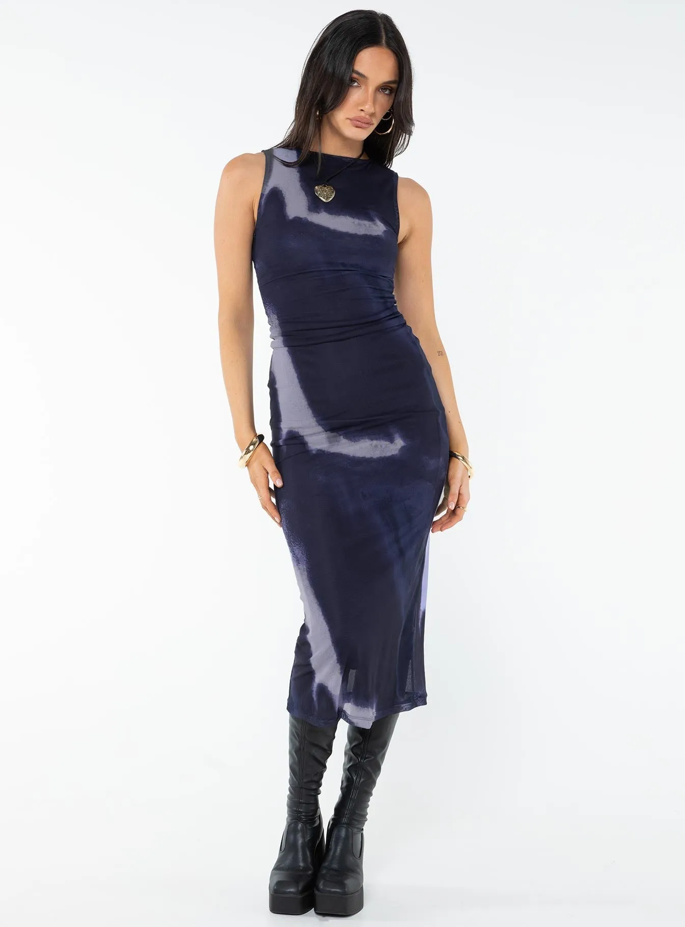 Fayola Dress Mesh Watercolour Navy