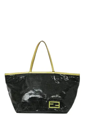 Fendi Vintage Black/Green Snakeskin-Trimmed Perforated Tote Bag