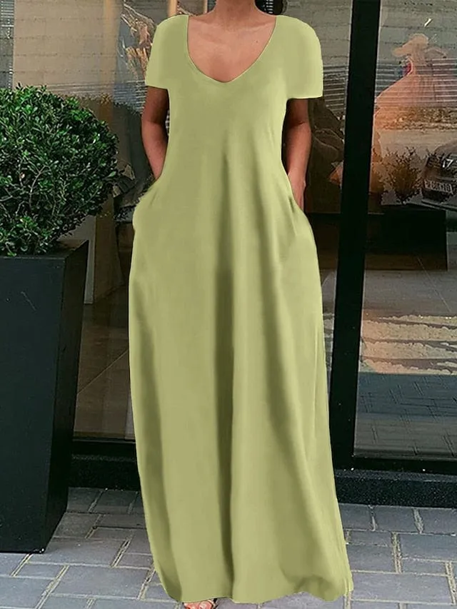 Fluorescent Green Cotton Linen Maxi Dress with Short Sleeves and V-Neck