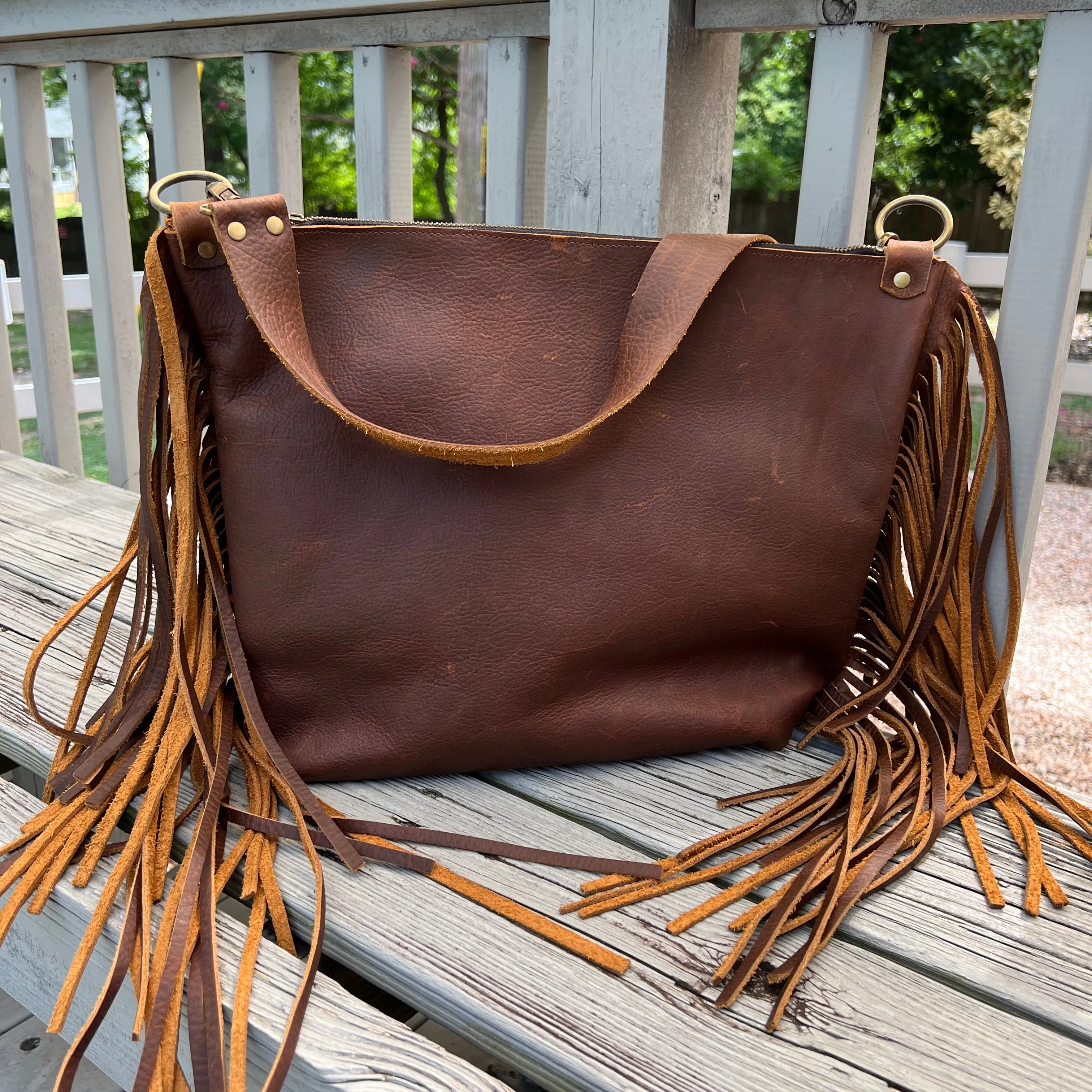 GO BIG Zippered Tote with Fringe - Caramel