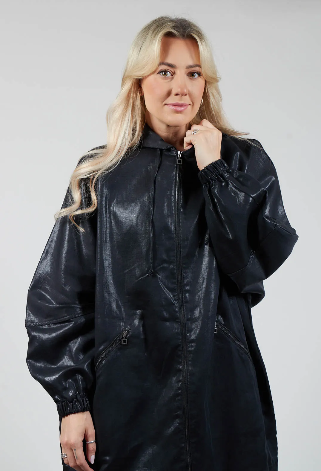 Hooded Batwing Metallic Look Jacket