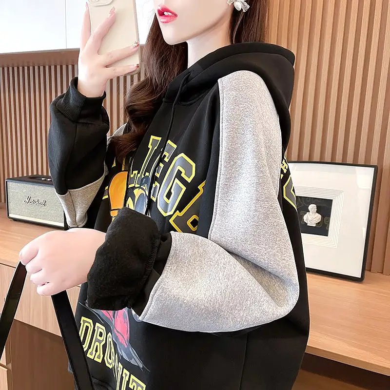 Hoodie women's fleece loose cartoon pattern pullove