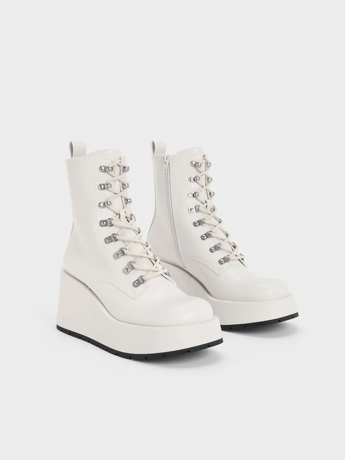 Lace-Up Platform Wedge Ankle Boots - White