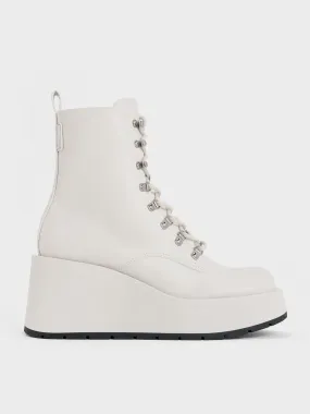 Lace-Up Platform Wedge Ankle Boots - White