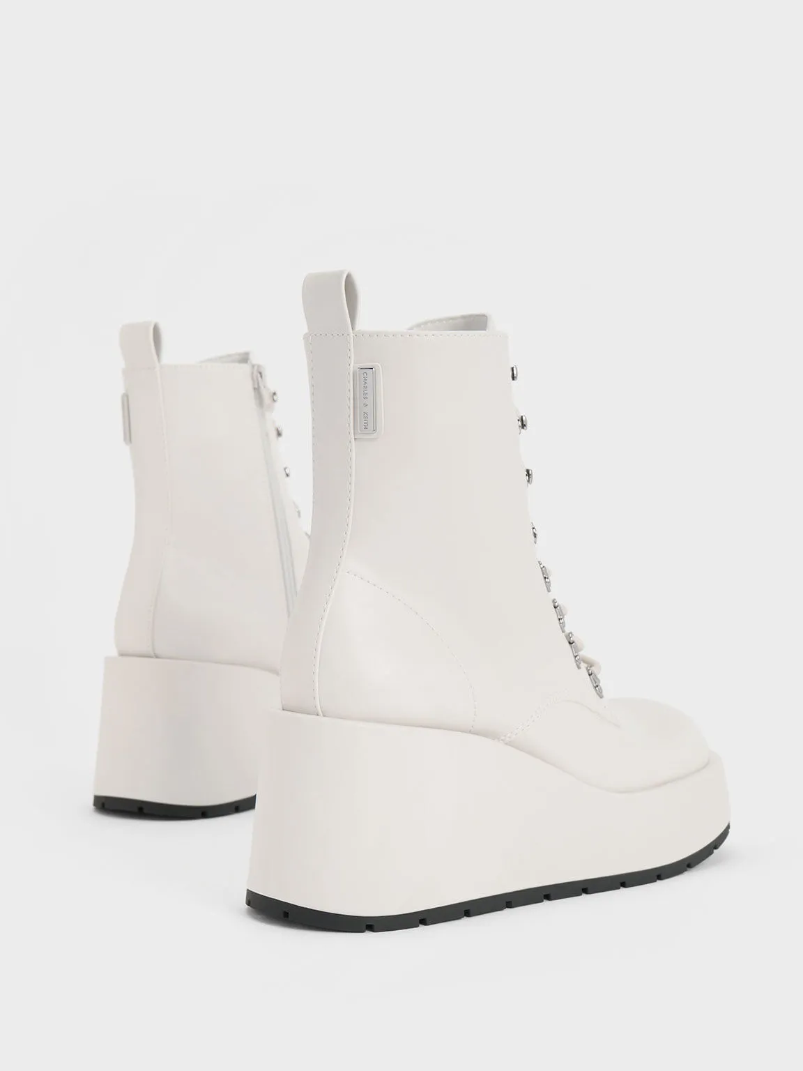 Lace-Up Platform Wedge Ankle Boots - White