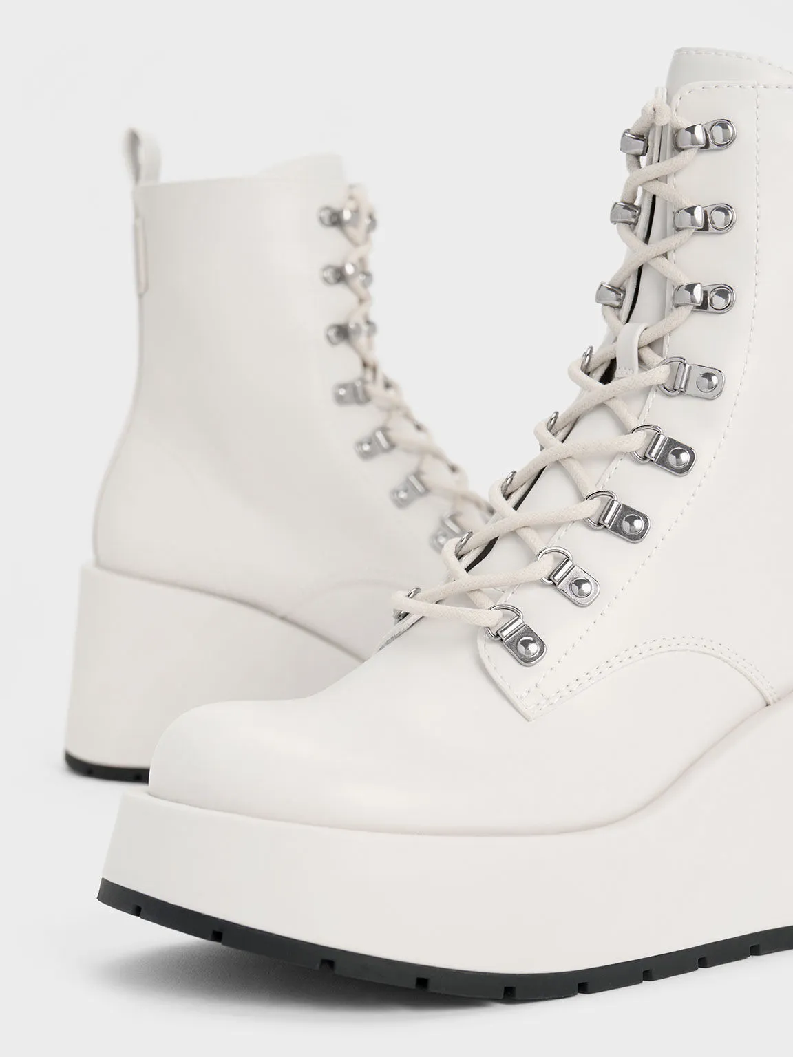 Lace-Up Platform Wedge Ankle Boots - White