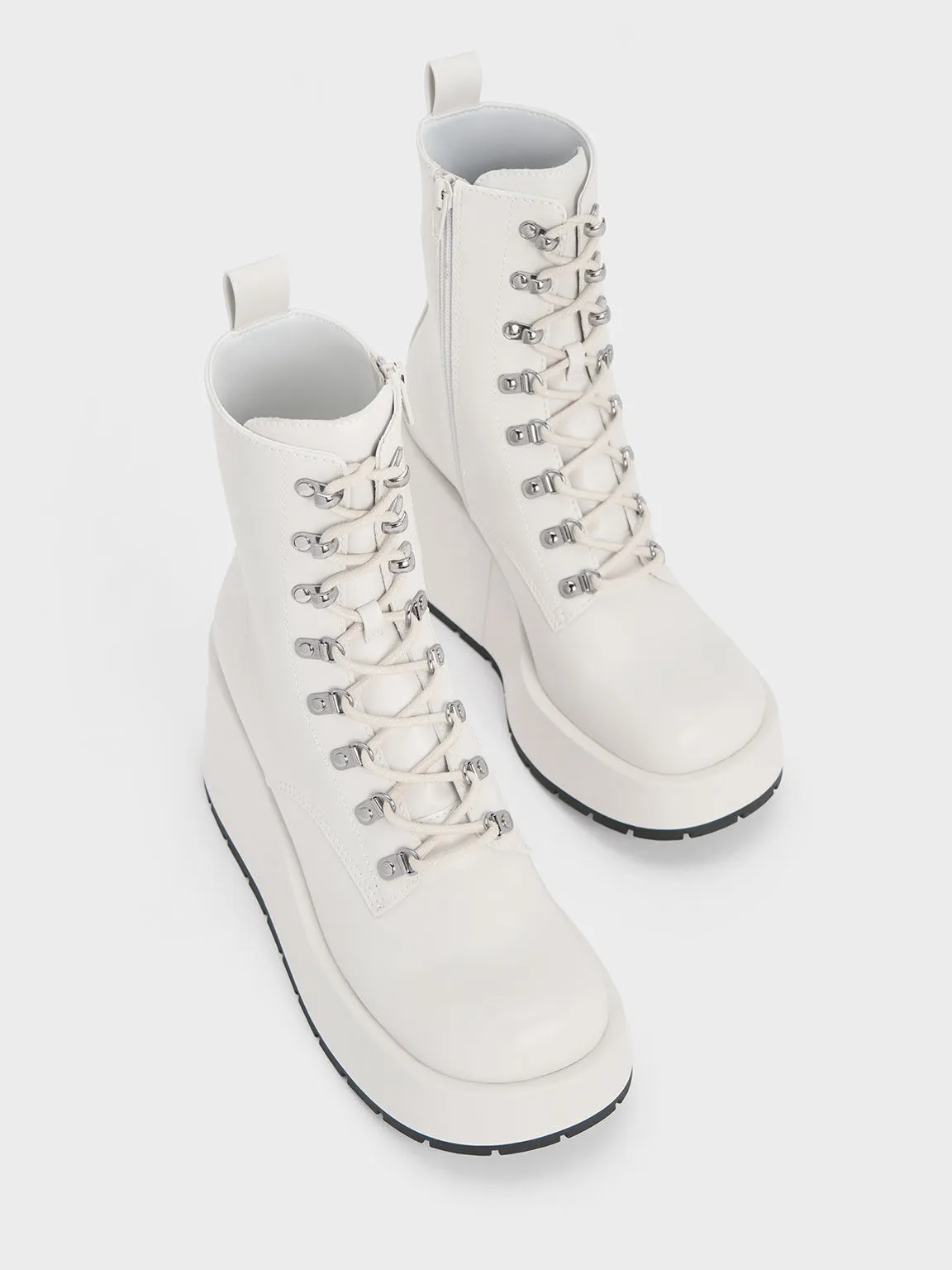 Lace-Up Platform Wedge Ankle Boots - White