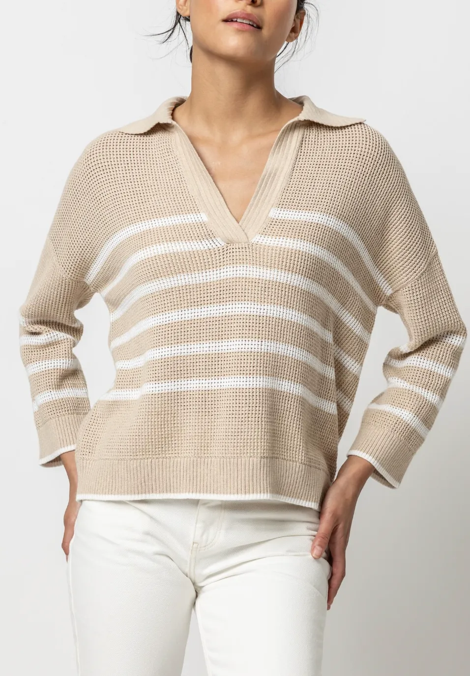 LILLA P TEXTURED STRIPE POLO SWEATER