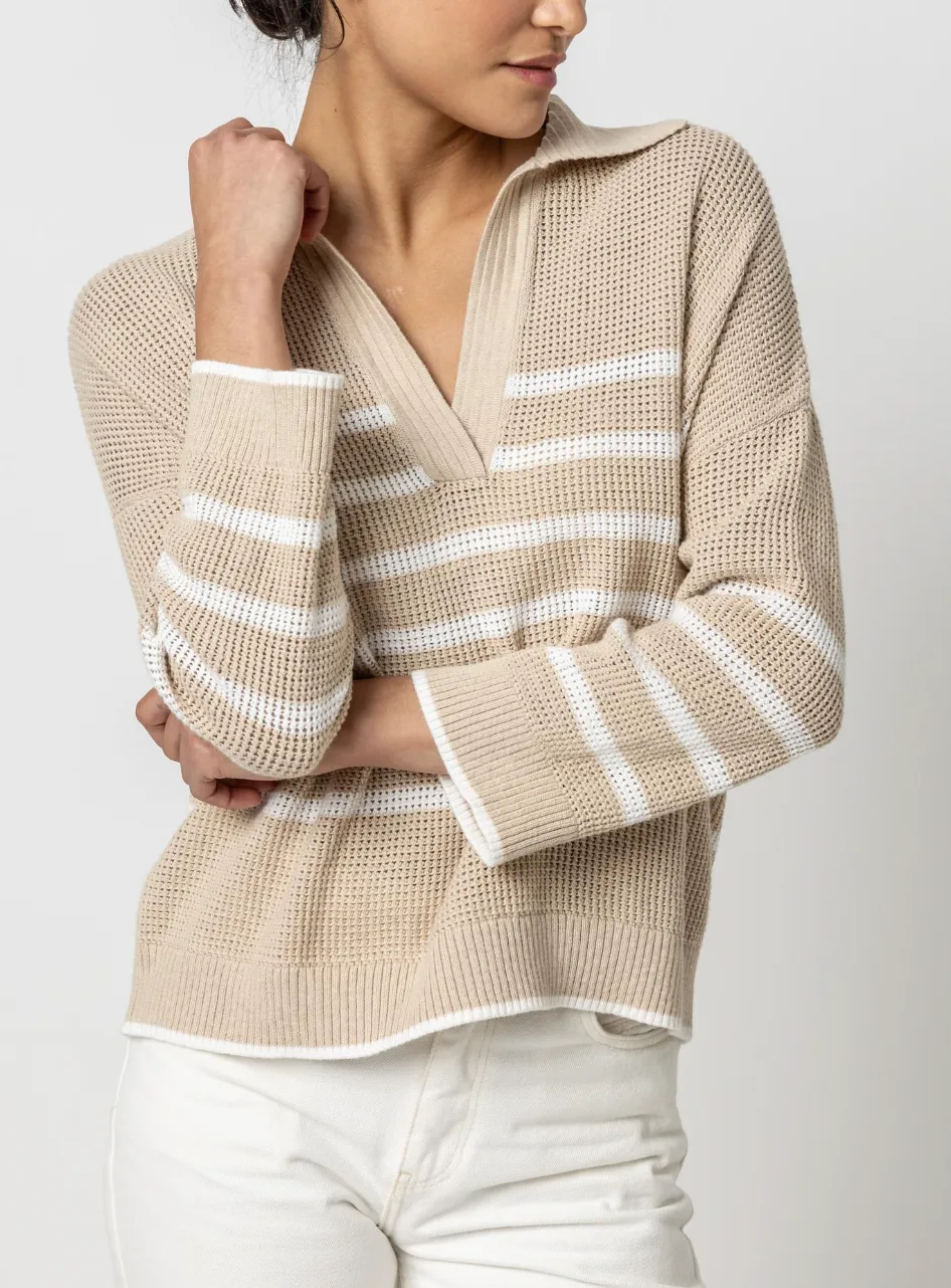 LILLA P TEXTURED STRIPE POLO SWEATER