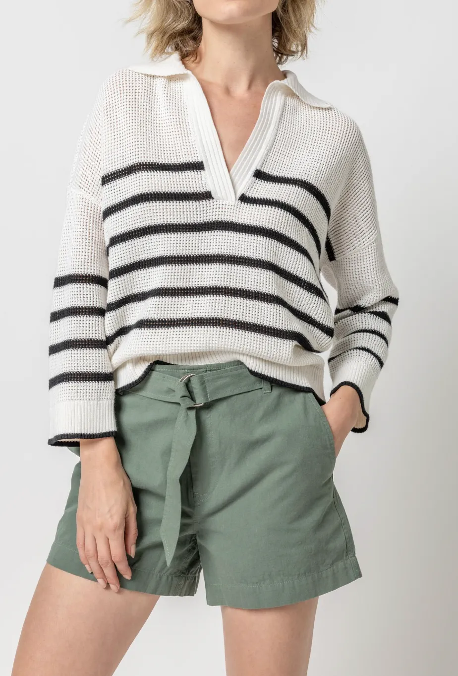 LILLA P TEXTURED STRIPE POLO SWEATER