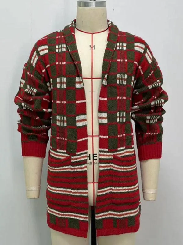 Long Plaid Knitted Men Cardigan Sweater