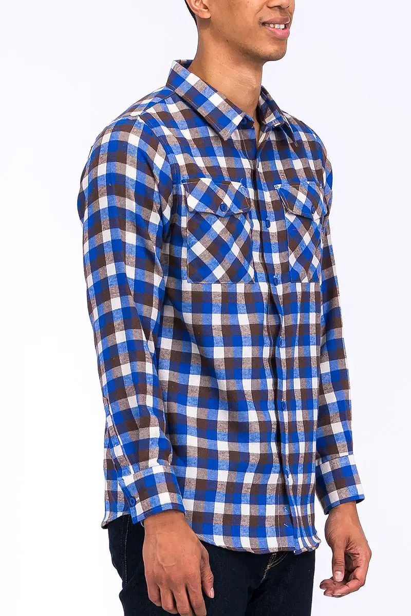 Long Sleeve Checkered Plaid Brushed Flannel