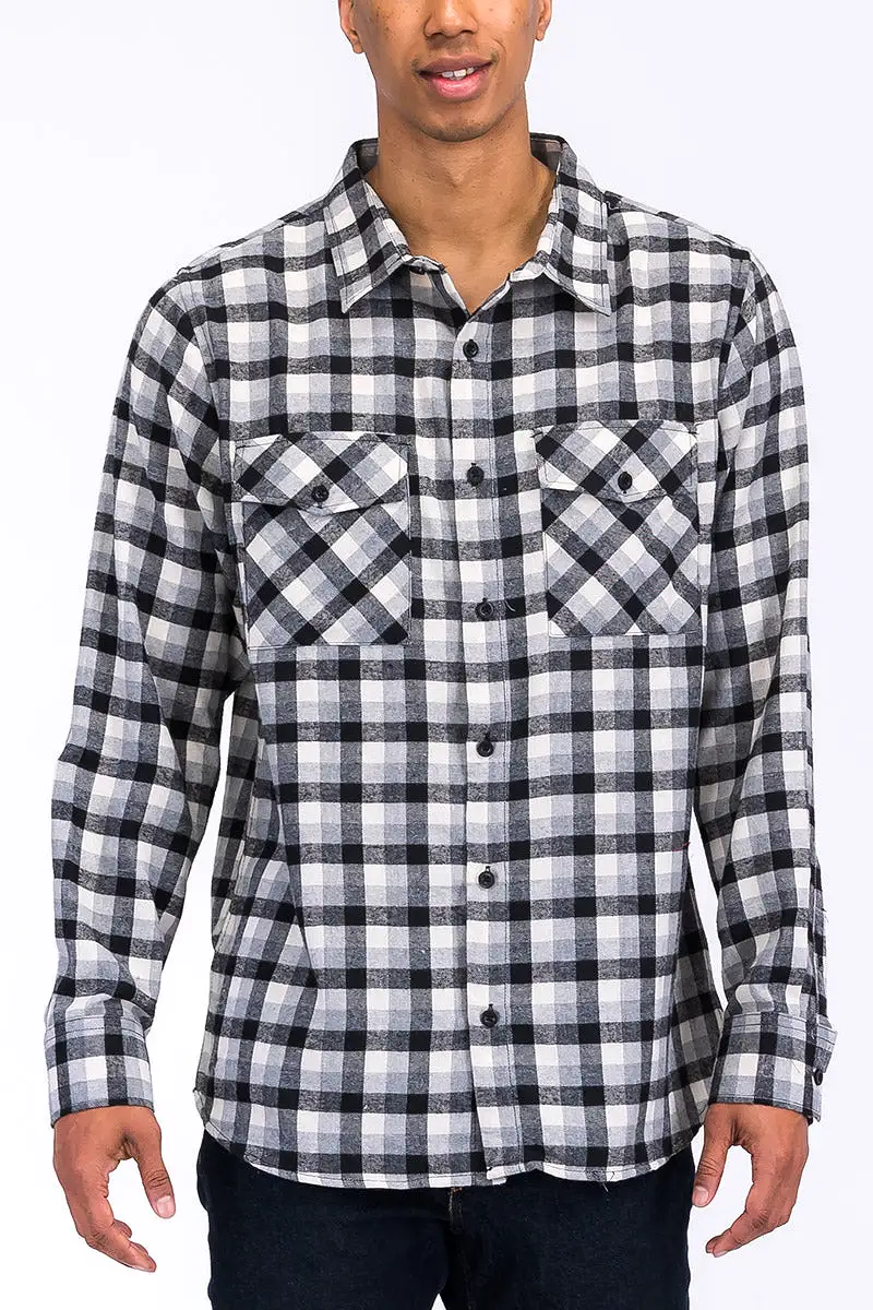 Long Sleeve Checkered Plaid Brushed Flannel