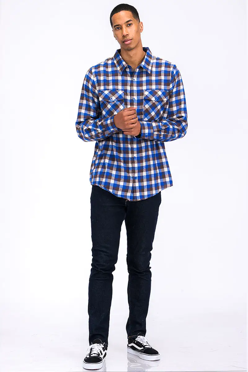 Long Sleeve Checkered Plaid Brushed Flannel