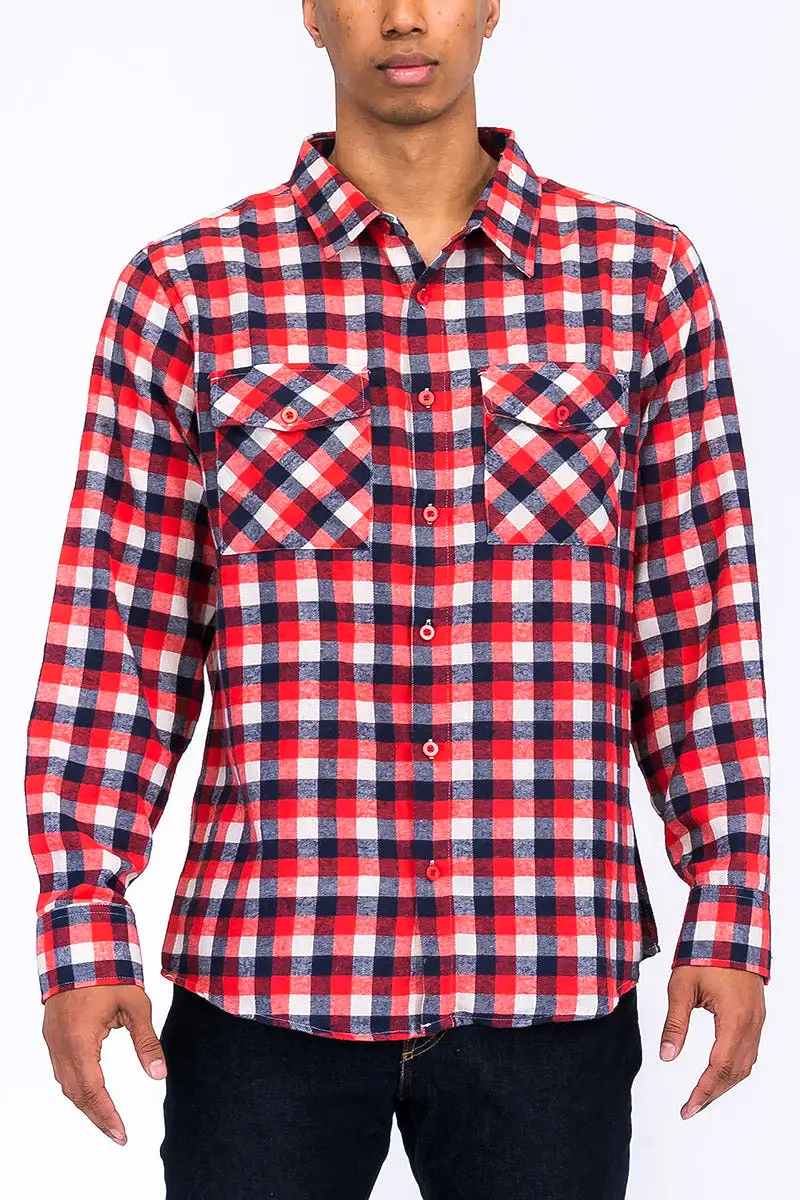 Long Sleeve Checkered Plaid Brushed Flannel