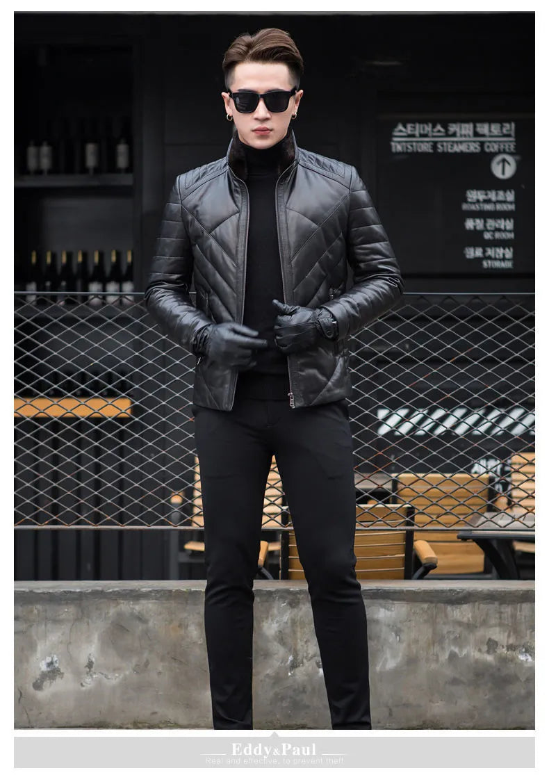 Men's Black Genuine Leather Warm Puffer Down Streetwear Jacket