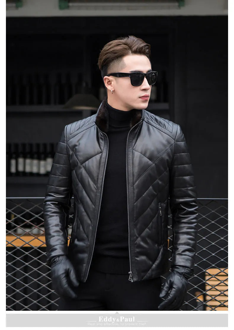 Men's Black Genuine Leather Warm Puffer Down Streetwear Jacket