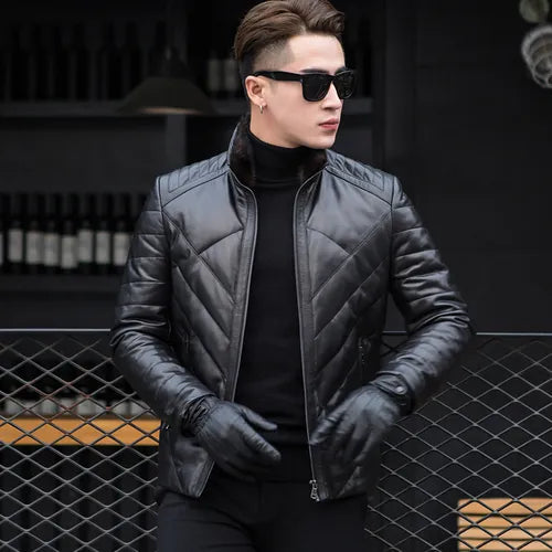 Men's Black Genuine Leather Warm Puffer Down Streetwear Jacket