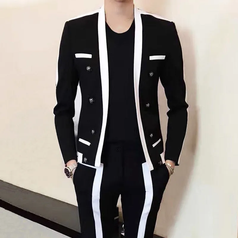 Men's England Style Slim Fit Contrast Stripe Two-Piece Suit for Party and Stage