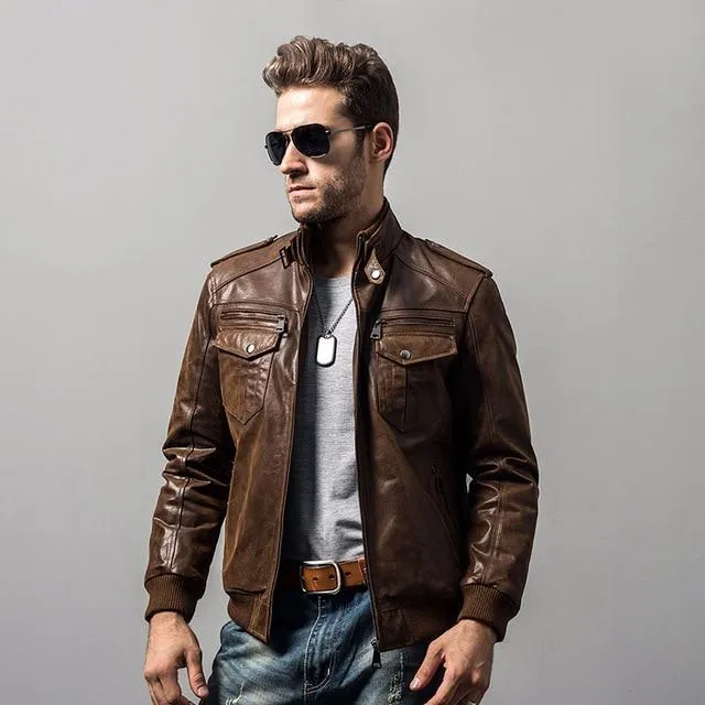 Men's Padded Cotton Warm Genuine Pigskin Leather Motorcycle Jacket