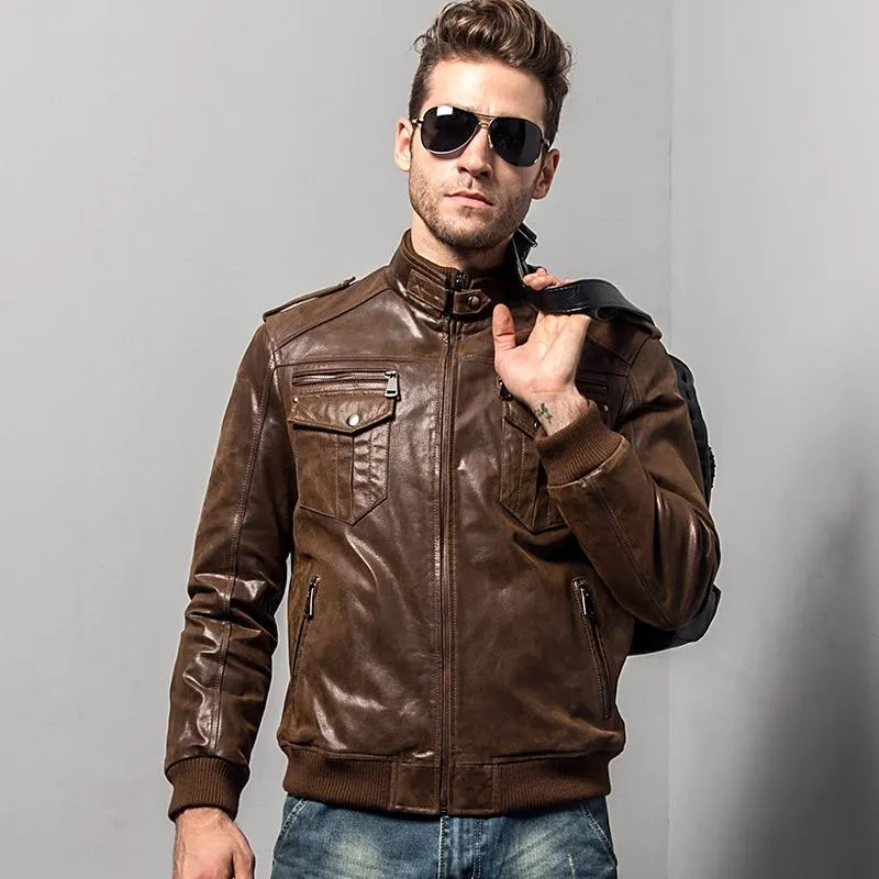 Men's Padded Cotton Warm Genuine Pigskin Leather Motorcycle Jacket