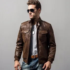 Men's Padded Cotton Warm Genuine Pigskin Leather Motorcycle Jacket