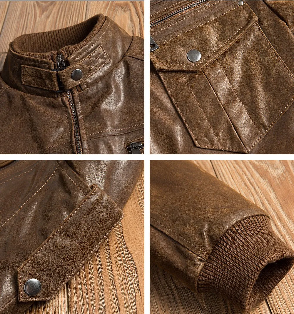 Men's Padded Cotton Warm Genuine Pigskin Leather Motorcycle Jacket