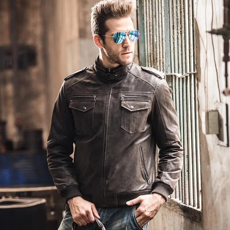 Men's Padded Cotton Warm Genuine Pigskin Leather Motorcycle Jacket