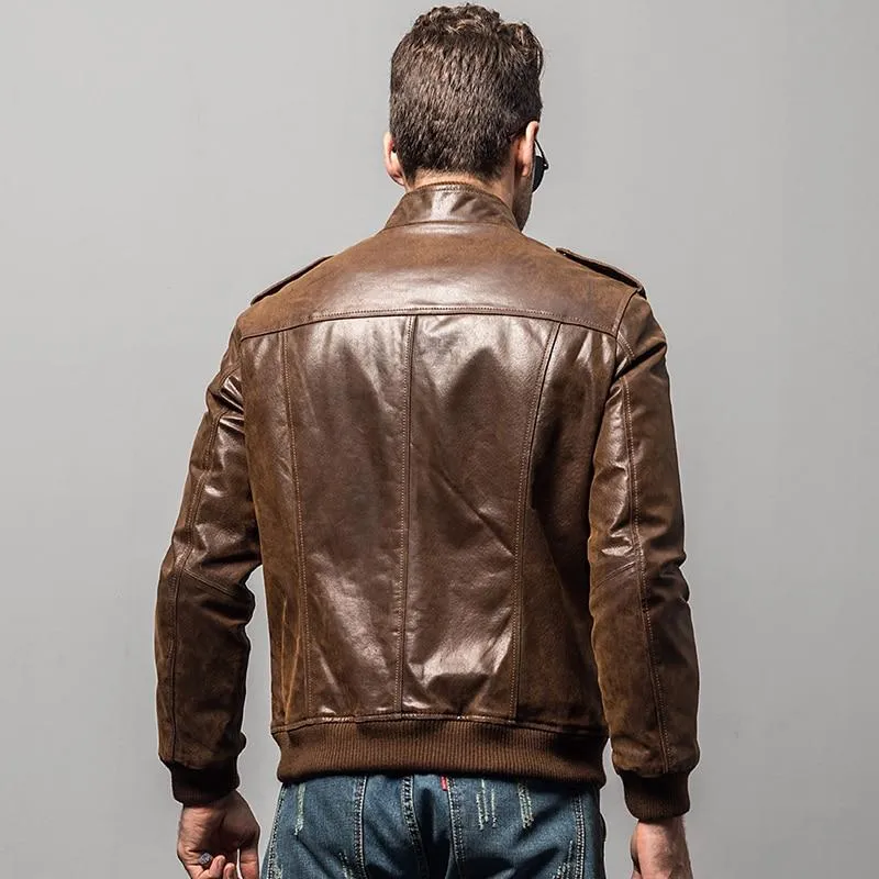 Men's Padded Cotton Warm Genuine Pigskin Leather Motorcycle Jacket