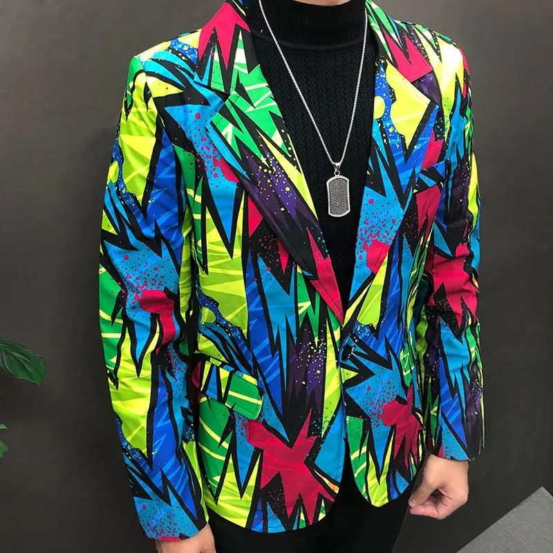 Men's Polyester Colorful Graffiti Pattern Slim Fit Streetwear Blazer