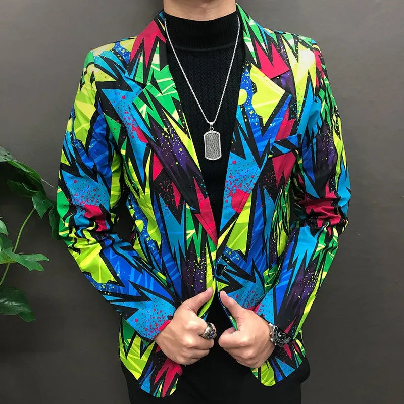 Men's Polyester Colorful Graffiti Pattern Slim Fit Streetwear Blazer