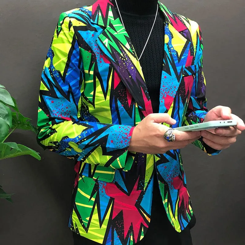 Men's Polyester Colorful Graffiti Pattern Slim Fit Streetwear Blazer